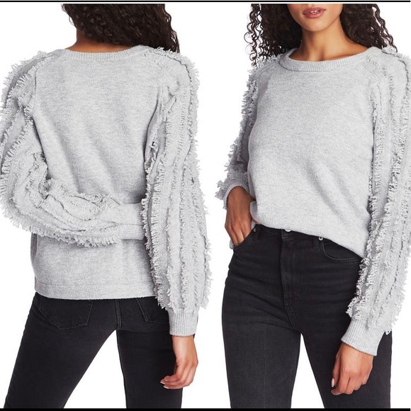 1.STATE fringe sleeve sweater silver heather L NWT - Picture 2 of 7